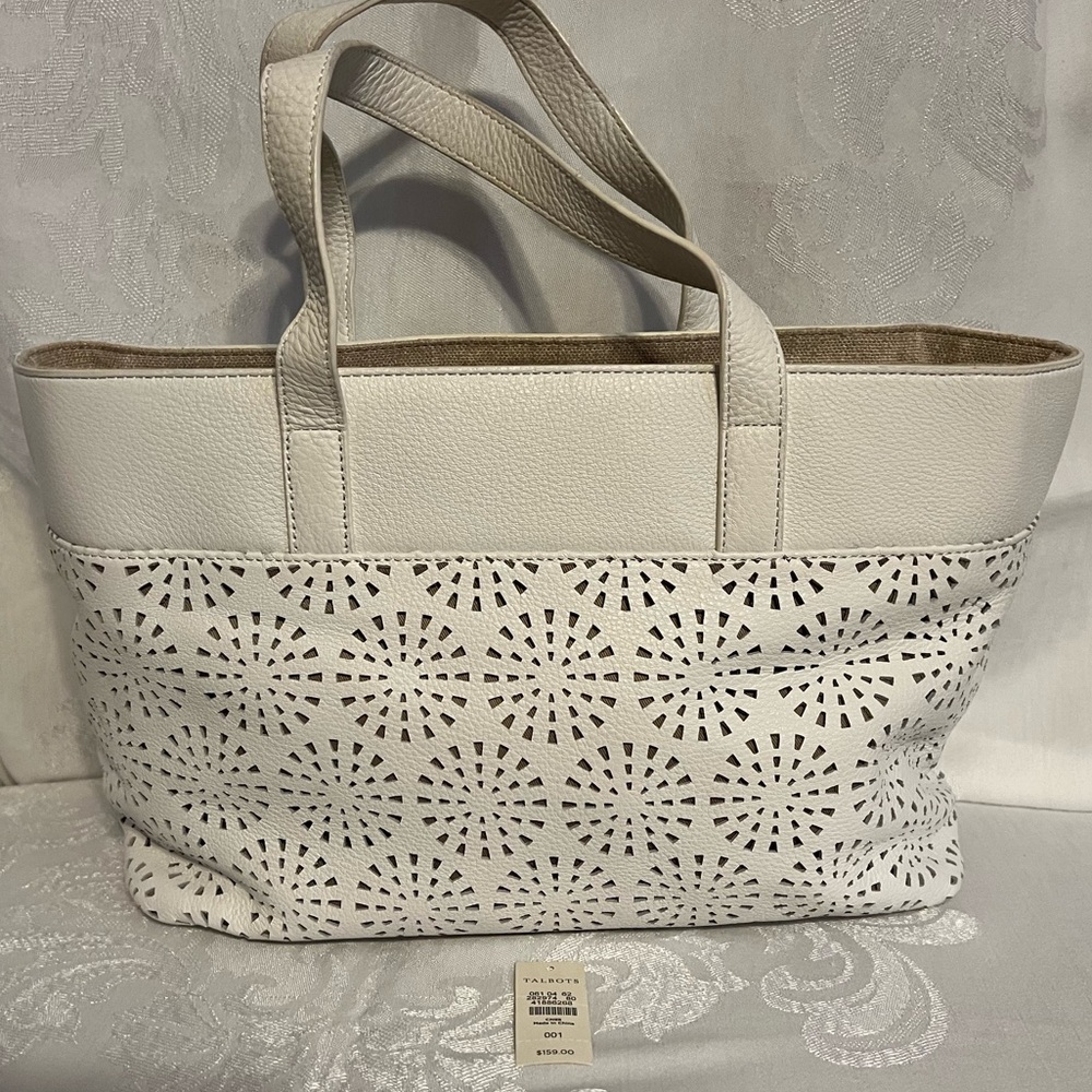 Talbots buttery soft white cut-out pebbled leather large satchel with tan inside